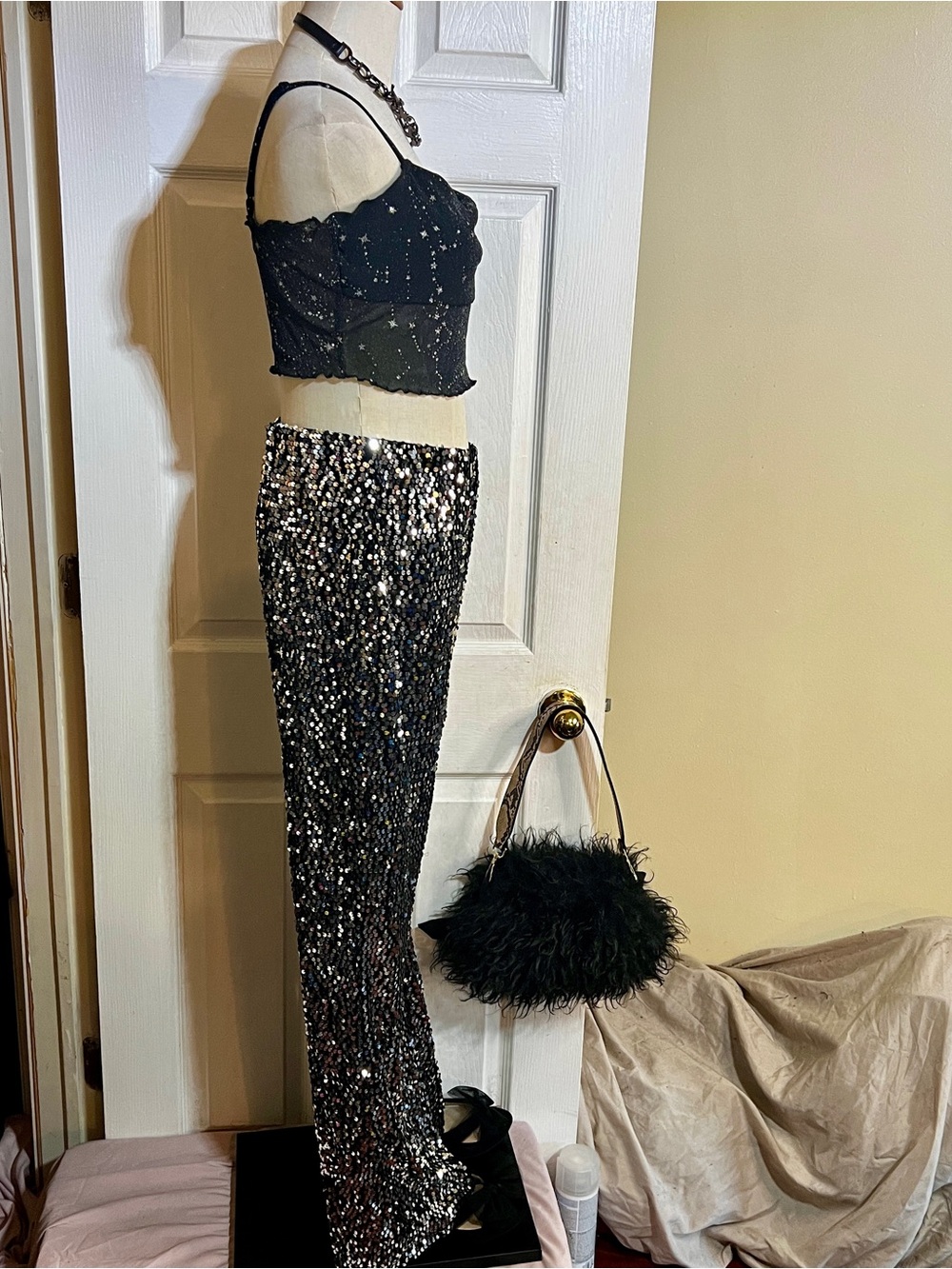 Women’s Rave Festival Glam Edit Bundle Sheer Star Top Sequin Boho Flare Pants L - Picture 5 of 15